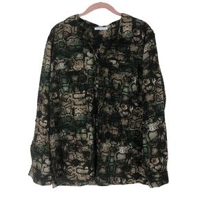 Snakeskin Print Button Top Roll Tab Long Sleeves, Pockets, Soft Silky Blouse L